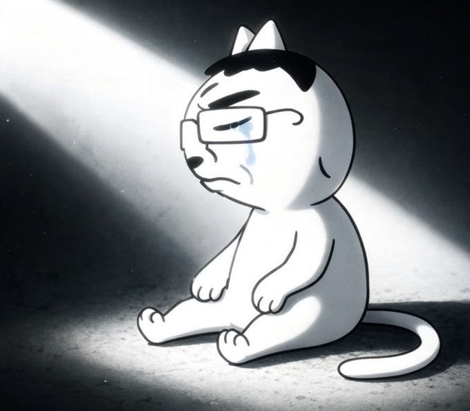 A black and white cartoon illustration shows a sad white cat with glasses and a black patch on its head, sitting on the ground crying a single tear while a spotlight shines down on it.