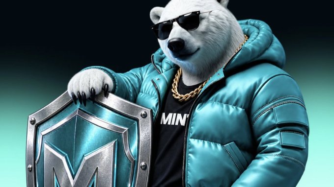 A 3D-rendered polar bear wearing sunglasses, a gold chain, and a teal puffer jacket, holding a shield with an 'M' logo.
