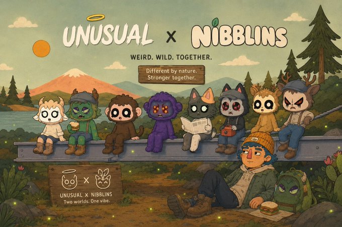 A banner for the "Unusual x Nibblins" collaboration features the tagline "WEIRD. WILD. TOGETHER. Different by nature. Stronger together." alongside an illustration of diverse characters lined up on a fence, with a wooden sign noting "10,000 unique Nibblins" joining the journey, visually representing the merging of two distinct communities into "one family."