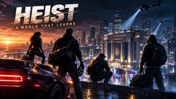 A video game or movie promotional image titled 'HEIST: A WORLD THAT LEARNS' shows silhouetted characters overlooking a city skyline with a CERTIFIED BANK building and police helicopters.