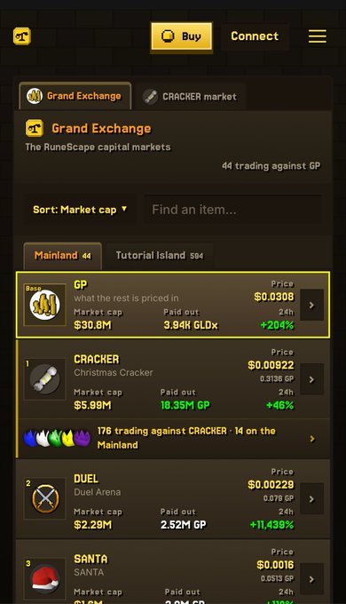A Grand Exchange interface styled after RuneScape displays market data for digital tokens, with GP (Gold) trading at $0.0308 (+204%) and a market cap of $30.8M, alongside other tokens like CRACKER ($0.00922, +46%), DUEL ($0.00229, +11,439%), and SANTA ($0.0016). The interface supports the post's announcement of new features on grandexchange.gold, the GP-themed platform built by the DCA_Markets developer, presenting real-time crypto market stats in a nostalgic gaming aesthetic.