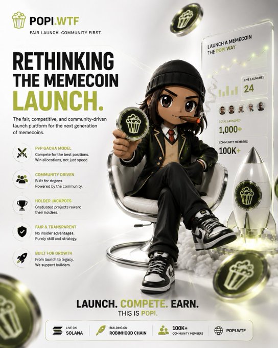 Promotional poster for 'POPI.WTF' titled 'RETHINKING THE MEMECOIN LAUNCH,' featuring a stylized character with a cigar and stats like 1,000+ total launches and 100K+ community members.