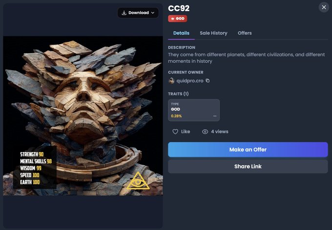 A digital marketplace listing for an NFT named 'CC92' showing a detailed 3D rendering of a fractured, metallic-looking head with stats like 'STRENGTH 90' and 'EARTH 100'.