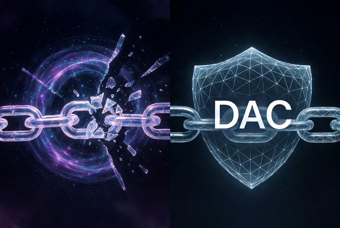 A side-by-side comparison showing a breaking chain on the left and a shield with the text 'DAC' on the right, set against a cosmic purple background.