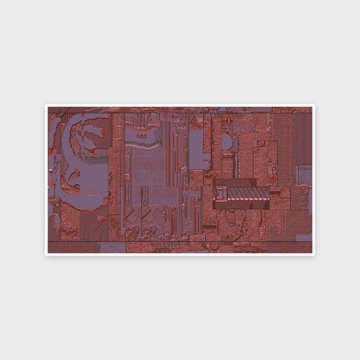 A detailed overhead view of a red and purple circuit board showing various electronic components, connectors, and pathways on a white background.