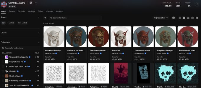 NFT collection page for '0xf41b...8a56' showing 'Skulls of Luci' NFT items with various skull artwork and a floor price of 43.41 WETH for top offers.