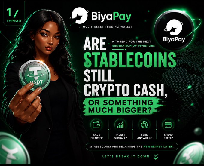 A promotional graphic for BiyaPay wallet featuring a woman holding a Tether (USDT) coin, with text asking 'ARE STABLECOINS STILL CRYPTO CASH, OR SOMETHING MUCH BIGGER?' and highlighting features like 'SAVE SMARTER', 'INVEST GLOBALLY', 'SEND ANYWHERE', 'SPEND FREELY'.
