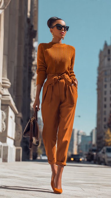 A stylish woman walking down a city sidewalk wearing a matching burnt orange sweater and pants ensemble with a tied waist, accessorized with sunglasses and holding a brown handbag.