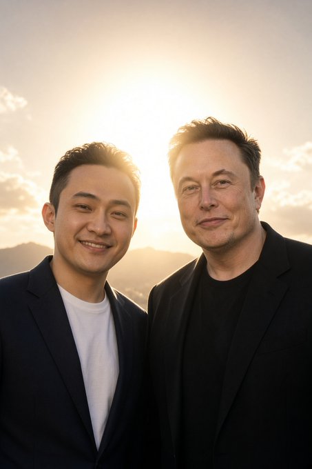 A man in a dark blazer and white shirt stands next to Elon Musk, who is wearing a black shirt, posing together outdoors with a bright sun and mountains in the background.