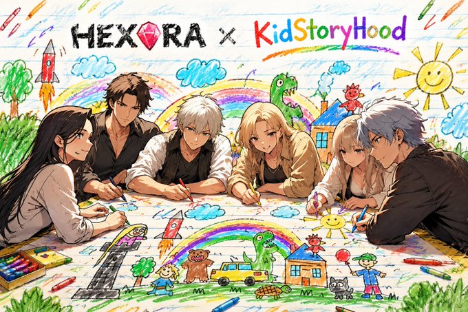 An anime-style illustration showing six characters drawing on a large paper, with the text "HEXRA x KidStoryHood" displayed at the top amid colorful crayon drawings of rainbows, dinosaurs, and rockets.