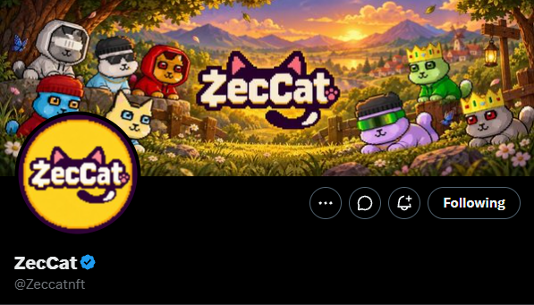 A Twitter/X profile banner for 'ZecCat' (@Zeccatnft) featuring cartoon cats in various outfits against a fantasy landscape backdrop, with a verified checkmark and a 'Following' button visible.