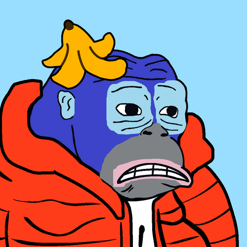 A cartoon drawing of a blue gorilla with a banana peel on its head wearing a red puffer jacket, looking unimpressed.