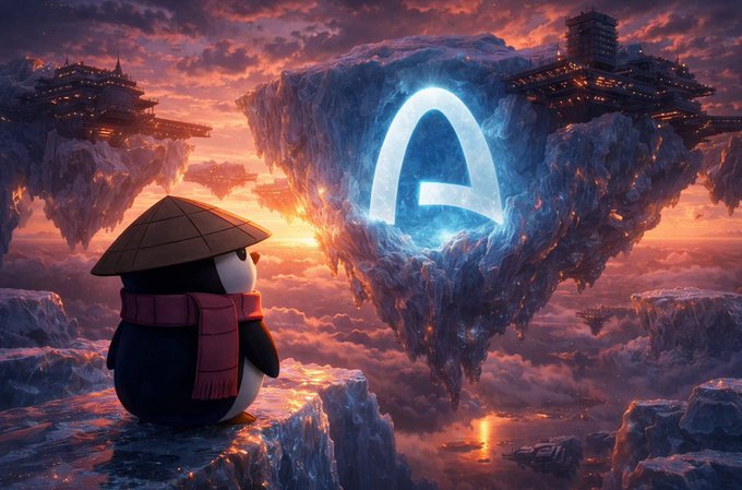 Digital artwork showing a penguin wearing a conical hat and red scarf standing on a rocky cliff, gazing at a glowing blue letter "A" carved into a floating island, with futuristic structures and a sunset sky in the background.