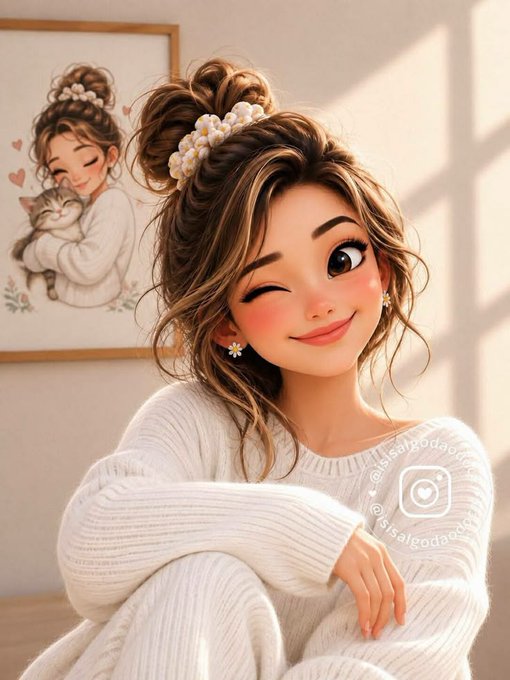 A digital illustration of a smiling girl with a messy bun and a flower scrunchie, wearing a white sweater, with a framed picture of a girl and cat behind her.
