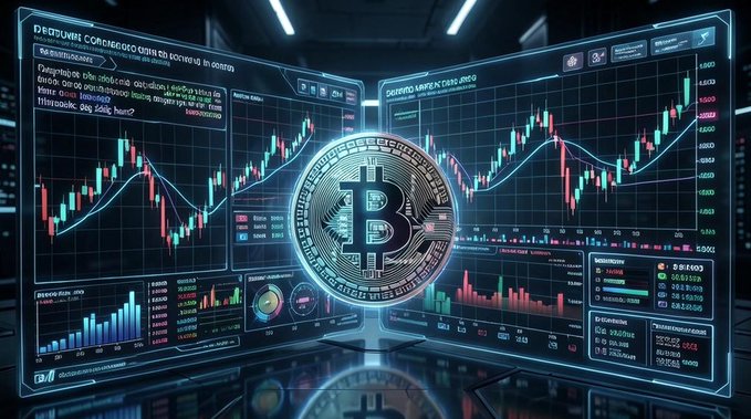 A display of multiple monitors showing cryptocurrency trading charts and data, centered around a glowing Bitcoin symbol.