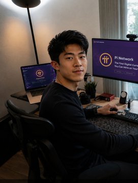 A young man sits at a dual-monitor workspace with "Pi Network" and "Pi Digital Coin" displayed on the screens, though the post warns viewers that such images can be AI-generated fakes by impersonators falsely claiming Core Team membership. The setting appears staged to mimic official Pi Network content, reinforcing the caution against trusting unverified representations.