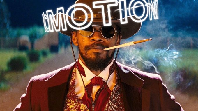 A stylized portrait of a man in a cowboy hat, sunglasses, and red tie smoking a cigarette, with the word 'EMOTION' written across the top.