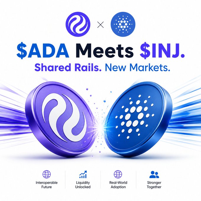 A promotional graphic titled "$ADA Meets $INJ. Shared Rails. New Markets." showing the logos of Injective and Cardano (ADA) merging, with icons highlighting an interoperable future and unlocked liquidity.
