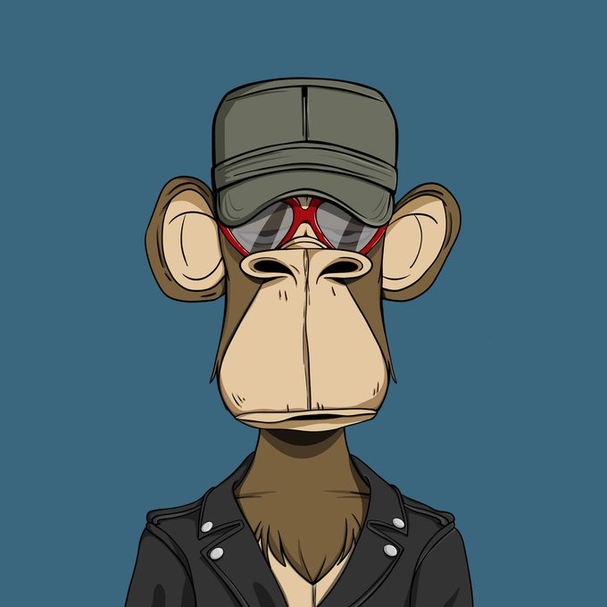 A Bored Ape NFT-style cartoon monkey with an X-shaped scar over one eye wears a black cap and a black leather jacket.
