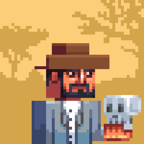 A pixel art illustration of a bearded man in a hat and blue shirt holding a mug, set against a tan background with stylized pixelated clouds.