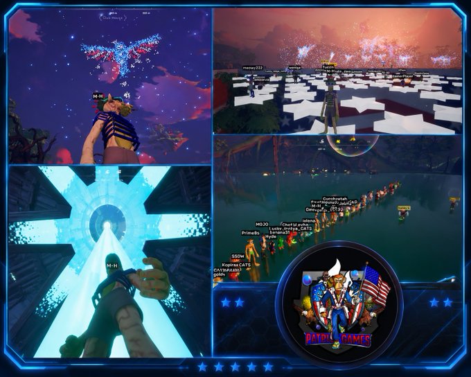 A four-panel screenshot collage of a Fortnite-style game featuring character skins, fireworks, a glowing portal, and crowds of players, with a 'Patriotic Comics' logo featuring a Captain America-like character in the bottom-right corner.