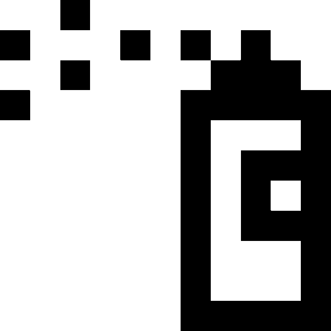 Abstract black and white pixel art composition with scattered black squares in the upper portion and a larger black geometric shape forming a stylized letter "G" on the right.