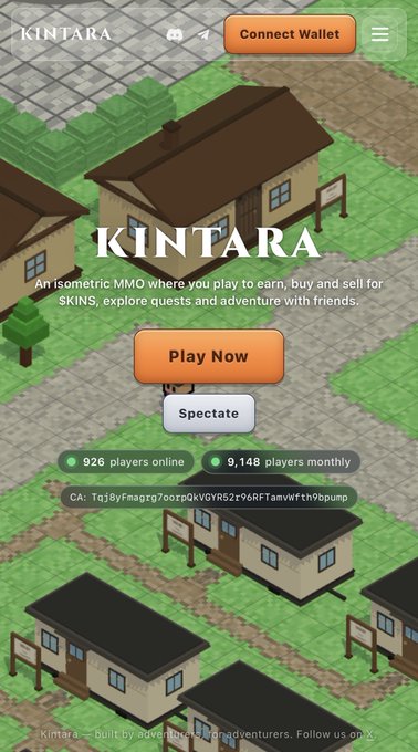 The image showcases the user's cell phone screen displaying the Kintsara game. The background of the image features a view of the game's level, which includes several buildings and houses, as well as a small road and a house. This gives an impression that the players are in a virtual village or city within the game. The text on the screen provides instructions for playing and buying, indicating that it is a tutorial-style guide to Kintsara.