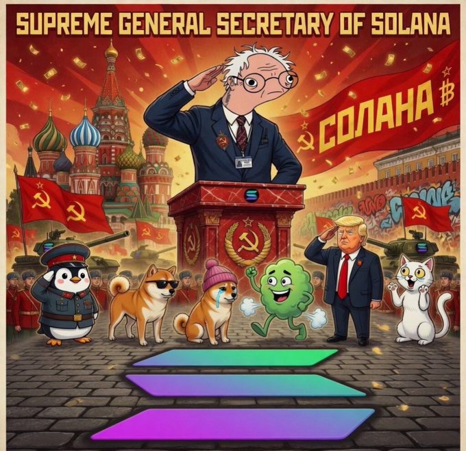 The image depicts a parody of a Soviet-style parade with Bernie Sanders as the "Supreme General Secretary of Solana," surrounded by various cartoon characters and prominent figures saluting. The post's reference to "Socialism" everywhere and the image tie together by using a communist aesthetic with Solana-related characters and political figures.