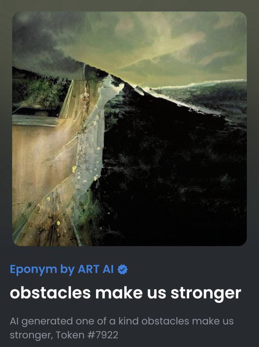 An AI-generated artwork titled "obstacles make us stronger" by ART AI, depicting an aerial view of a winding road alongside a dramatic coastline and ocean under a moody sky, labeled as Token #7922.