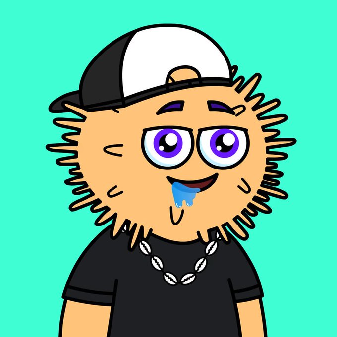 A cartoon illustration of a furry orange creature wearing a black and white baseball cap backwards, a black shirt, and a shell necklace, with purple eyes and blue drool dripping from its mouth, set against a teal background.