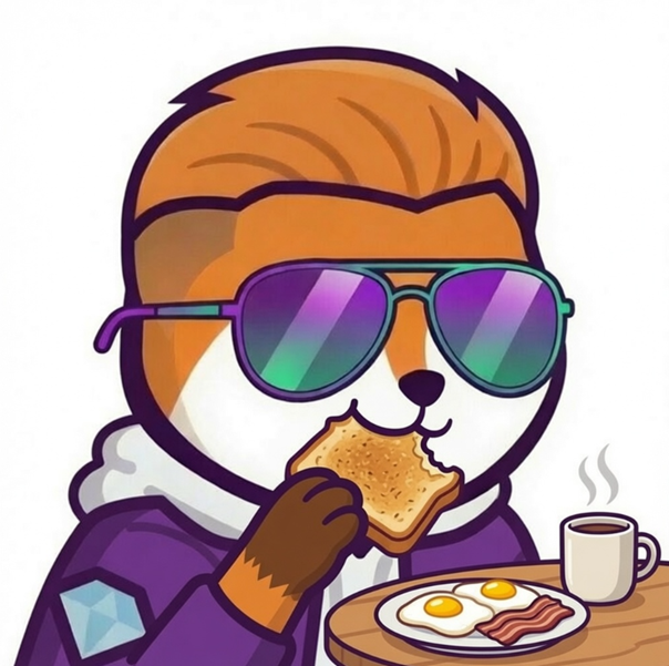 A cartoon illustration of a fox wearing purple sunglasses and a purple hoodie, eating toast at a table with fried eggs, bacon, and a steaming coffee mug.