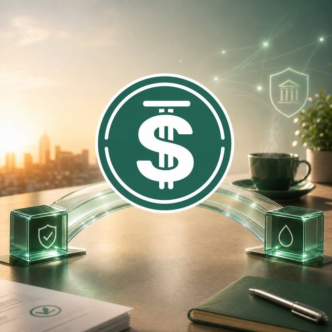 A promotional graphic featuring a large green USD coin icon with a shield and bank symbol, set against a cityscape background with a coffee cup and notebook.