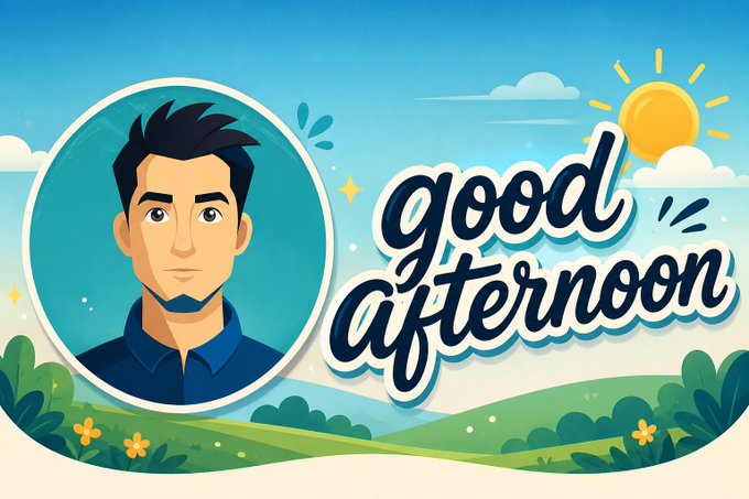 A cartoon-style illustration featuring a man's avatar on the left and the text "good afternoon" next to a smiling sun on the right.
