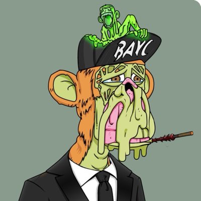 A digital illustration of a melting cartoon bear-headed figure in a suit labeled "BAYC" with a smaller green character on its hat, holding a brush.