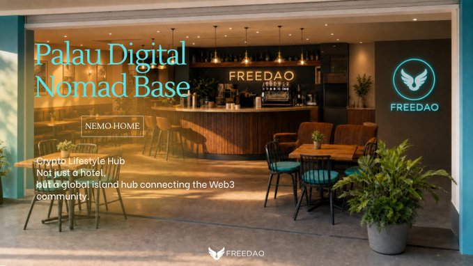 The image showcases the "Palau Digital Nomad Base" featuring the FREEDAO brand, billed as a "Crypto Lifestyle Hub, Not just a Hotel, But a global island hub connecting the Web3 community," with text identifying it as "NEMO HOME" displayed above a stylish lounge and bar area with modern seating, pendant lighting, and tropical decor.