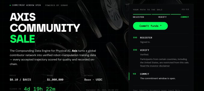 A webpage for the AXIS Community Sale by Sonar/Sobah, priced at $0.10 per $AXIS with a network of Base - USDC, shows a countdown of 4d 19h 22m and a path-to-sale tracker at "Your Path to the Sale 03/03" with steps for register, verify, and commit.