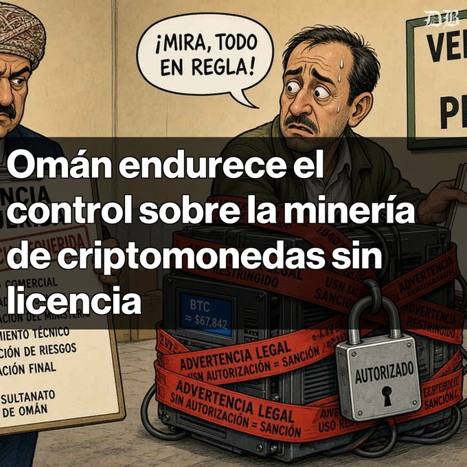 A cartoon illustration of a sweating, nervous man saying '¡MIRA, TODO EN REGLA!' next to wrapped crypto mining equipment with a padlock labeled 'AUTORIZADO', overlaid with Spanish text about Oman tightening control over unlicensed cryptocurrency mining.