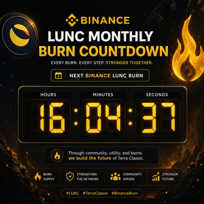A promotional graphic for 'BINANCE LUNC MONTHLY BURN COUNTDOWN' featuring a digital timer showing '16:04:33', with fire imagery and hashtags '#LUNC #TerraClassic #BinanceBurn'.