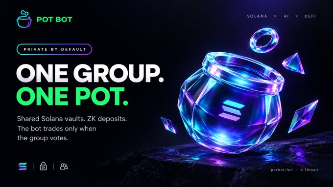 A promotional graphic for 'POT BOT' on Solana, advertising 'ONE GROUP. ONE POT.' with shared vaults, ZK deposits, and group-voted trading.