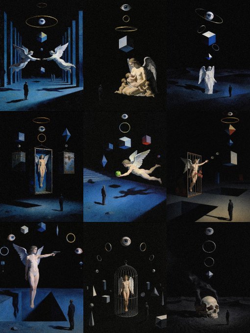 A 3x3 grid of nine dark, surreal scenes featuring angels, winged figures, floating geometric shapes, eyes, and skulls in shadowy spaces with small silhouetted observers. The composite imagery visually represents the "life in the dark" NFT collection being offered on @objktcom for 10.55 xtz.