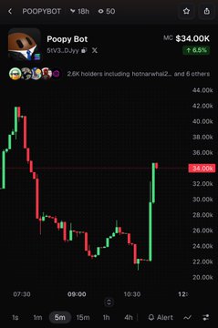 A cryptocurrency price chart for POOPYBOT showing a market cap of $34.00K, with the token name 'Poopy Bot' and ticker 'BWYC3JNy', displaying a downward price trend.