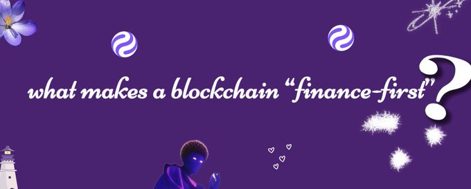 A purple graphic asking 'what makes a blockchain "finance-first"?' with decorative flowers, swirls, a lighthouse, and a small illustrated figure.
