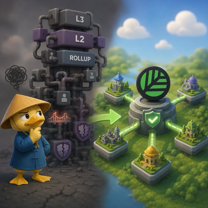 An AI-generated illustration depicting a cartoon duck in a conical hat and blue robe looking thoughtfully at a contrast between a dark, gloomy L2/L3 Rollup tower on the left and a bright, connected green network ecosystem on the right.