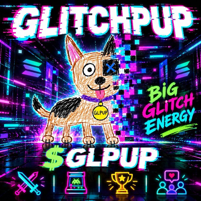 The image showcases a vibrant, glitch-style promotional graphic for the Solana meme project "$GLPUP" (GlitchPup), featuring a cartoon dog with an "X" eye patch wearing a tag labeled "GLPUP" amid neon cyberpunk aesthetics, pixelated distortions, and bold text reading "GLITCHPUP," "BIG GLITCH ENERGY," and "$GLPUP," alongside icons representing sword battles, arcade gaming, trophies, and community voting that visually echo the post's highlighted features of meme battles, arcade games, contests, and community engagement.