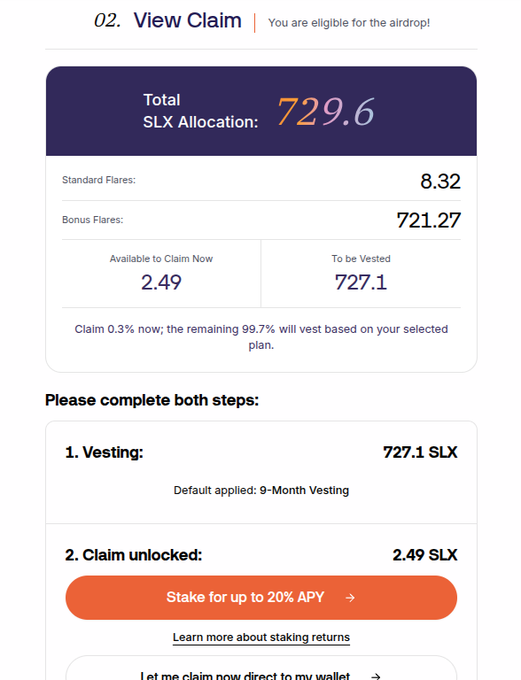 A cryptocurrency airdrop claim page showing a "Total SLX Allocation: 729.6," broken down into 8.32 standard flares and 721.27 bonus flares, with 2.49 available to claim now and 727.1 to be vested over a 9-month period.