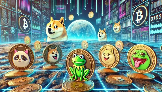 A colorful digital artwork depicting meme coins (Doge, Pepe, Cat, etc.) and Bitcoin in a futuristic cityscape with a large moon in the background.