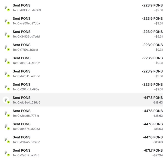 A screenshot of cryptocurrency transactions showing multiple "Sent PONS" entries sent to various wallet addresses, with amounts of -223.9 PONS ($9.31), -447.8 PONS ($18.63), and -671.7 PONS ($27.94), confirming the airdrop of PONS tokens to keyholders on daHoodfun.