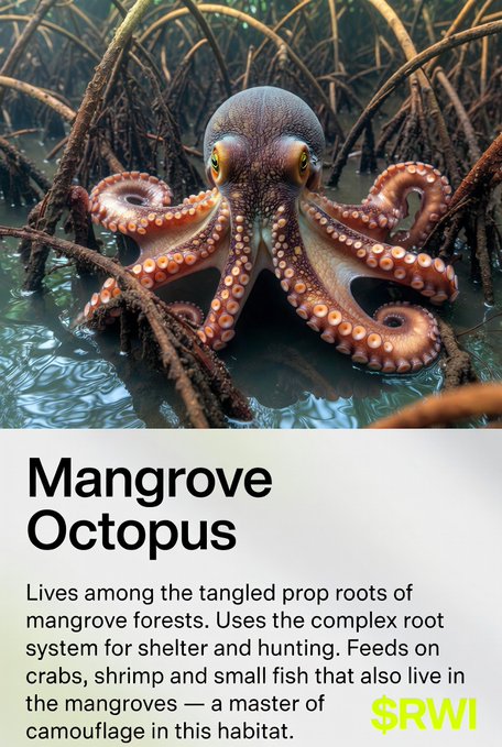 An infographic titled 'Mangrove Octopus' with the logo '$RWI', showing an octopus among tangled roots, described as living in mangrove forests and feeding on crabs, shrimp, and small fish.
