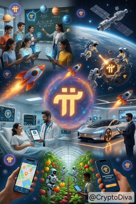 A promotional collage by @CryptoDiva showcasing the Pi cryptocurrency logo across various futuristic scenes including space exploration, education, healthcare, electric vehicles, agriculture, and mobile apps.