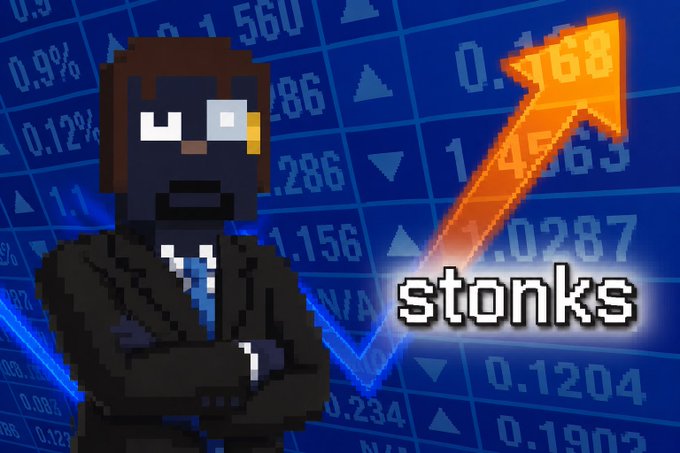 A pixel art meme featuring a man in a suit with a glowing eye against a stock chart background, with an upward orange arrow and the text 'stonks'.